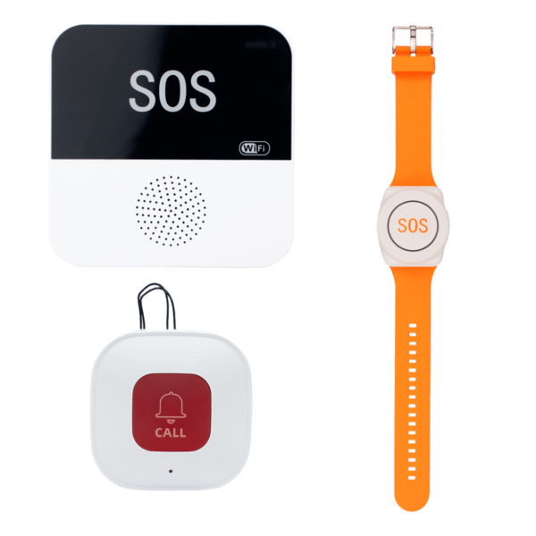 Digicien - Alarmknop Set Basis - Basisstation SOS + Alarmhorloge Rond Oranje + Alarmknop Vierkant